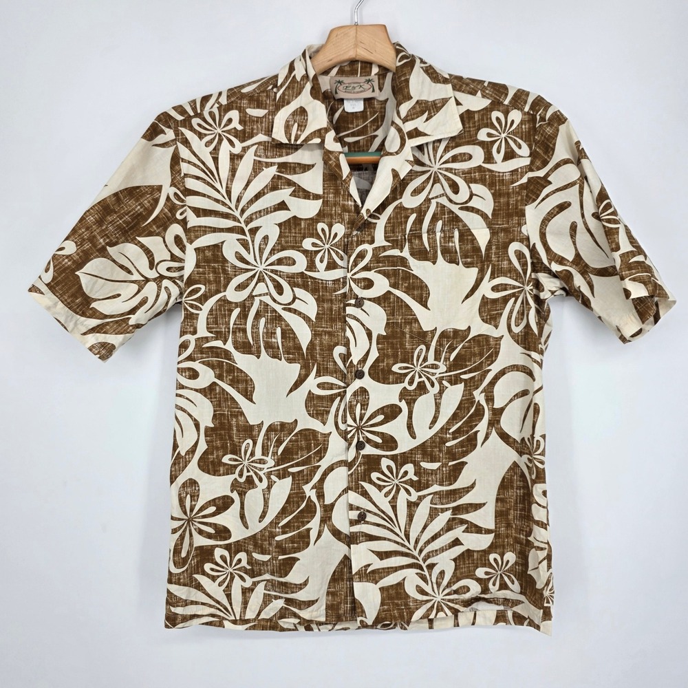 Fashion F&K Hawaiian Shirt Mens Medium Brown Floral Tropical Cotton Made in USA